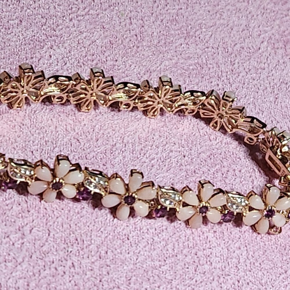 JTV Pink Opal Rhodolite White Zircon 18k Rose Gold Over Sterling Silver Bracelet - Picture 8 of 11